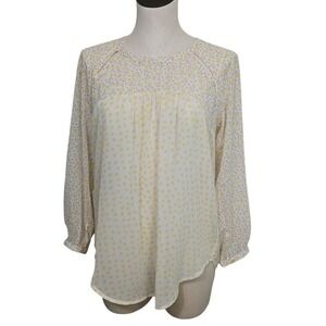 Elodie Chiffon Blouse Womens Small Yellow Ditsy Floral Print Semi Sheer Cottage